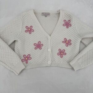 Willow & Wind Cream Pink Floral Applique Cropped Cardigan Sweater, Womens Medium